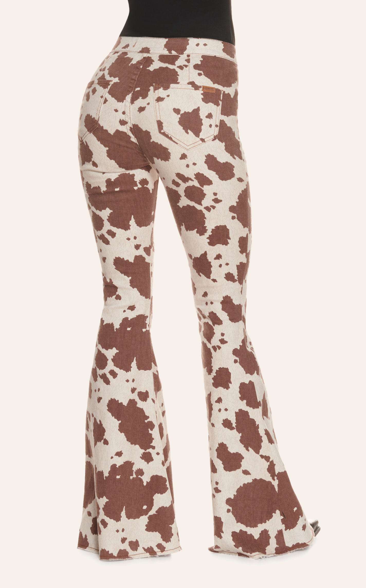 Rock & Roll Cowgirl Beige and White Cow Print High Rise Pull On Flare
