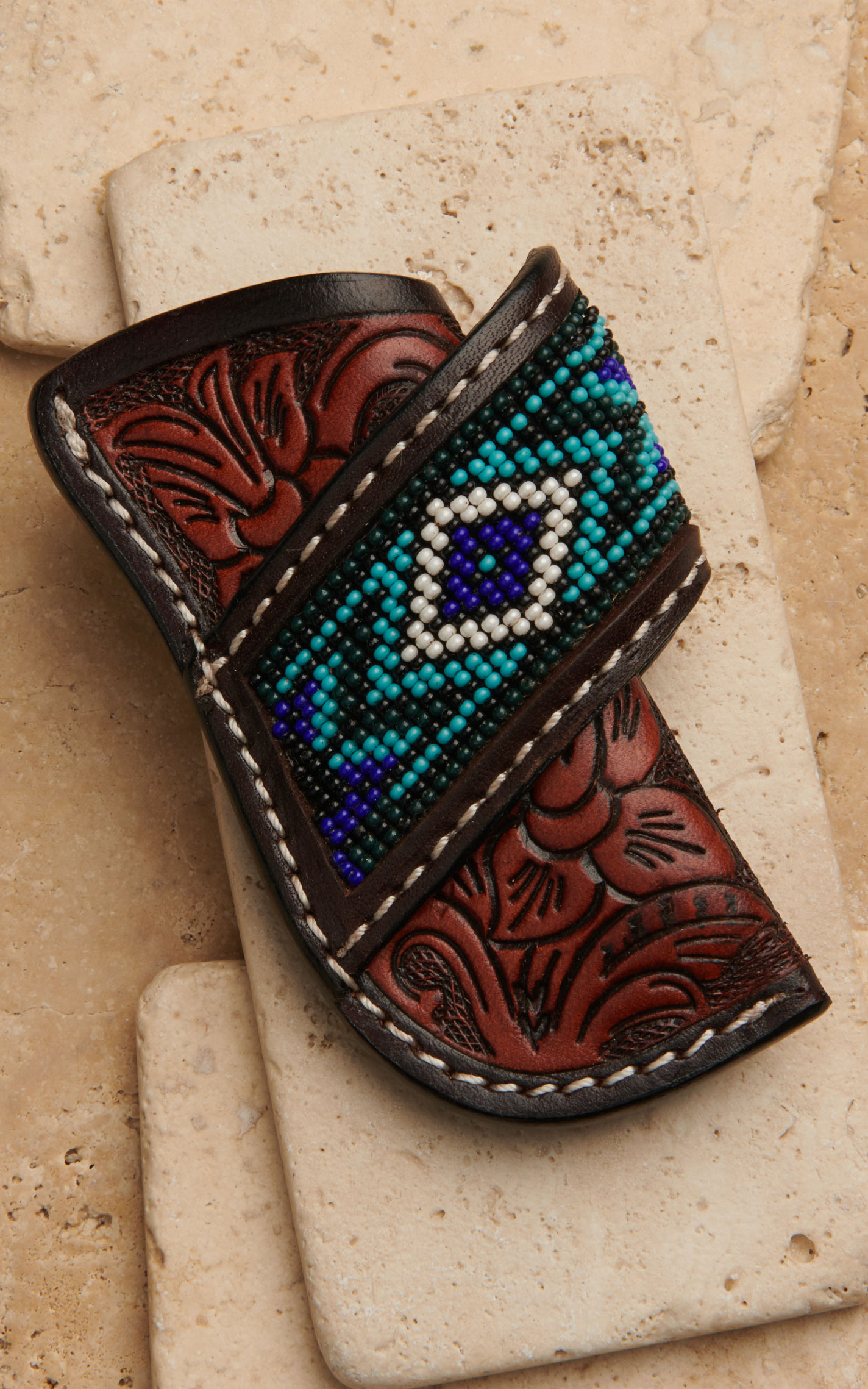 Ranger Belt Co. Brown Floral Tooled with Blue Aztec Beaded Strap