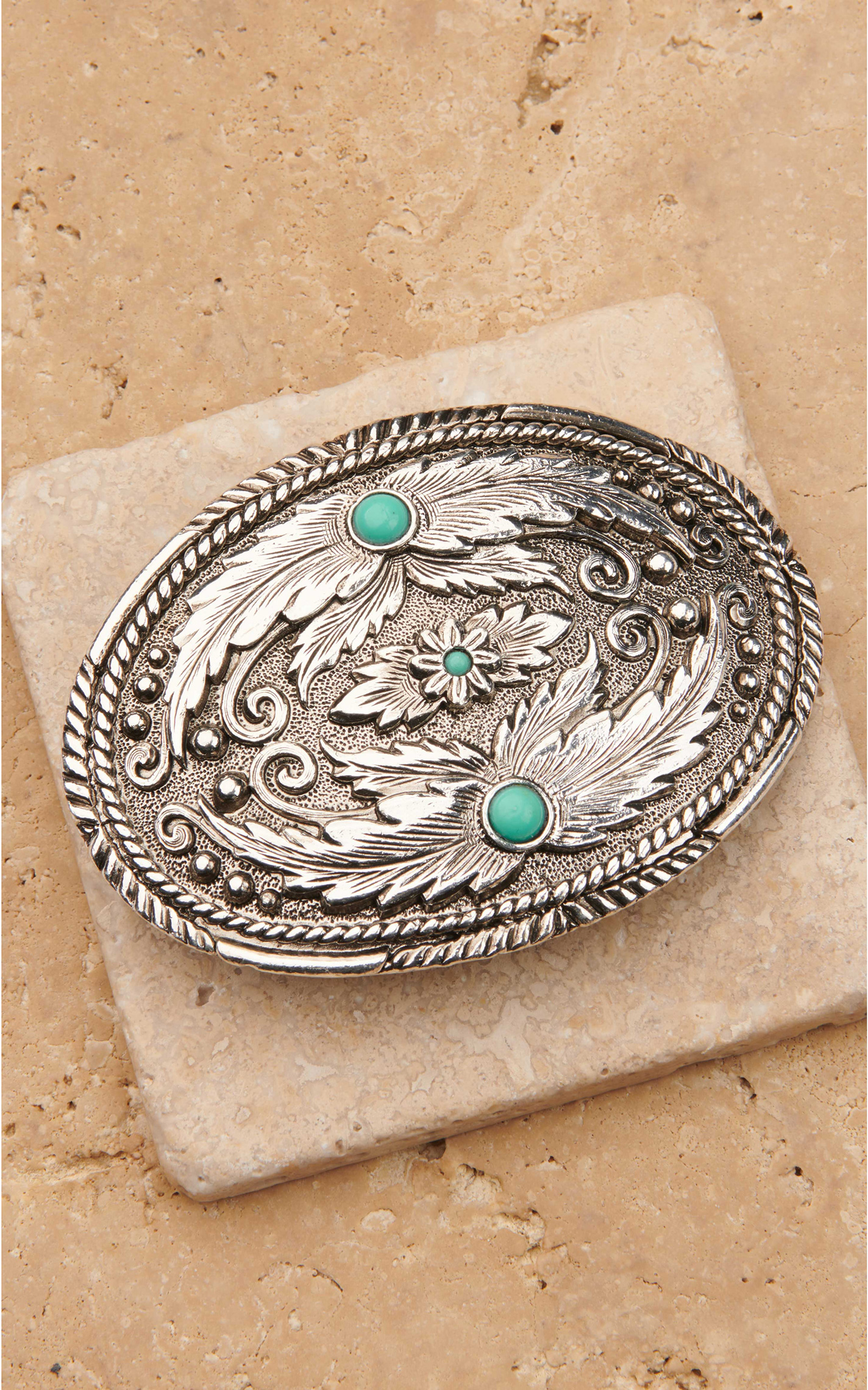 AndWest Antiqued Silver With Feathers and Turquoise Stones Belt Buckle Cavender's