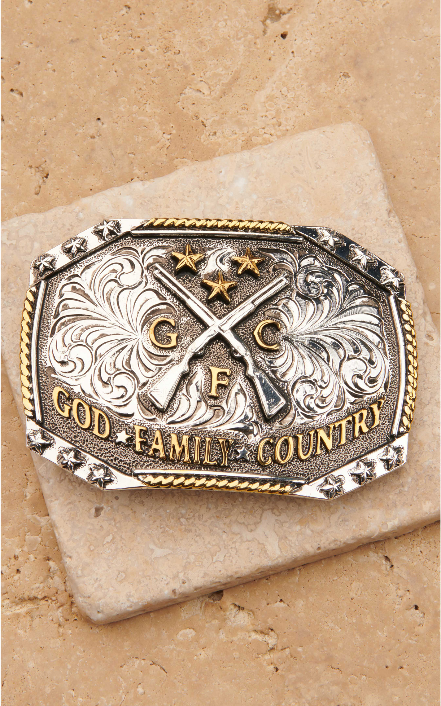 AndWest Men's Gold and Silver Rectangle God. Family. Country. Belt Buckle Cavender's