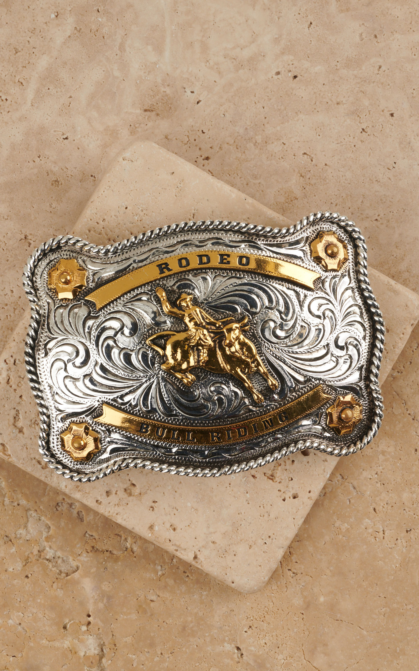 AndWest Men's Silver and Gold Scalloped Rodeo Bull Riding Etched Belt Buckle Cavender's