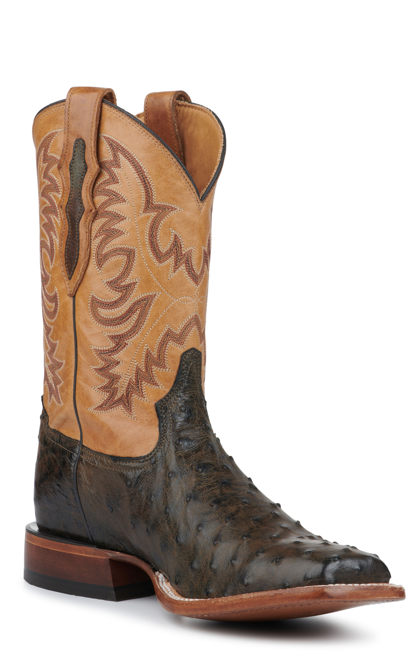 Tony Lama Men's Dark Brown Full Quill Ostrich and Tan Wide Square Toe ...