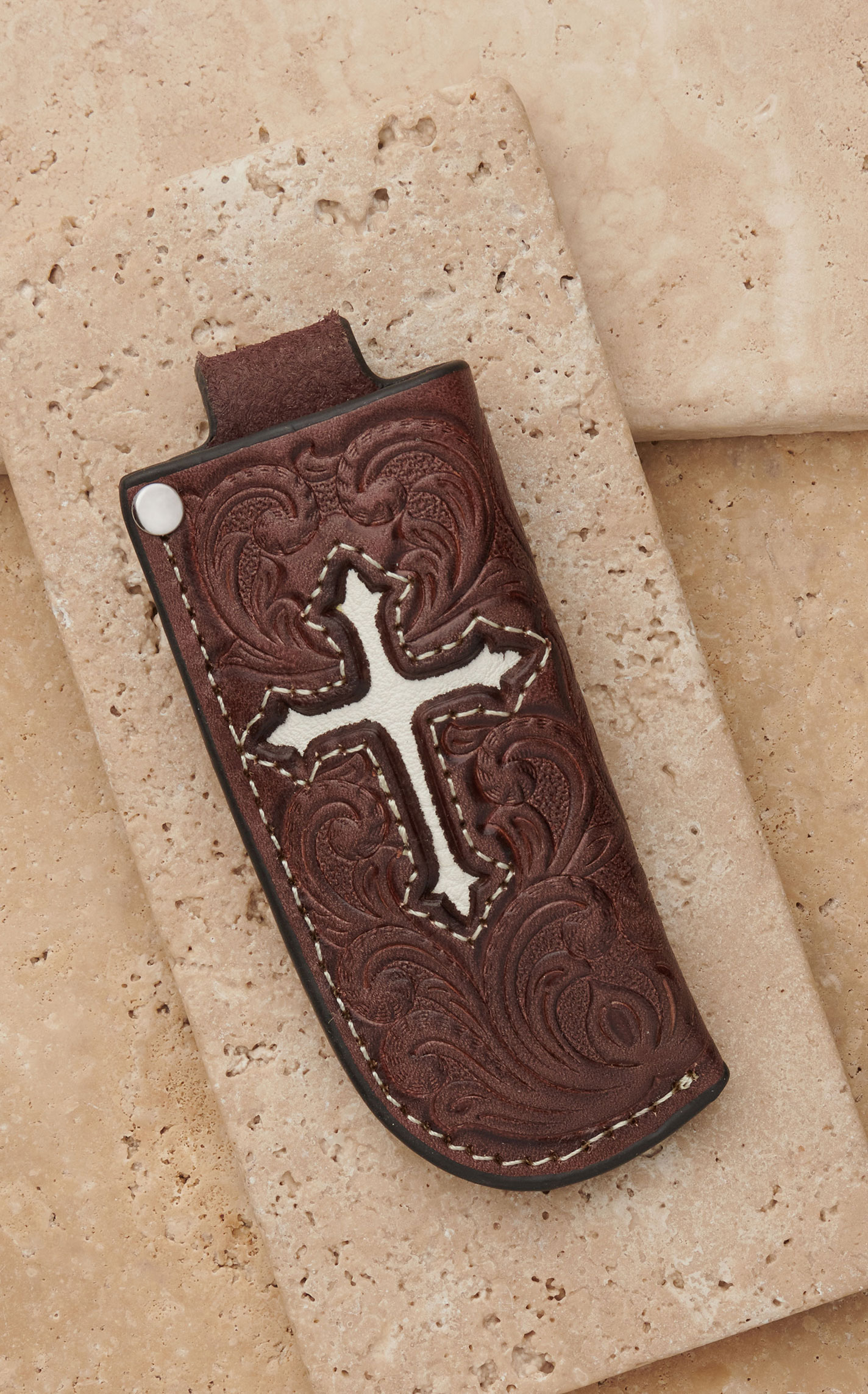 Nocona Brown Floral Embossed with Ivory Cross Inlay Knife Sheath