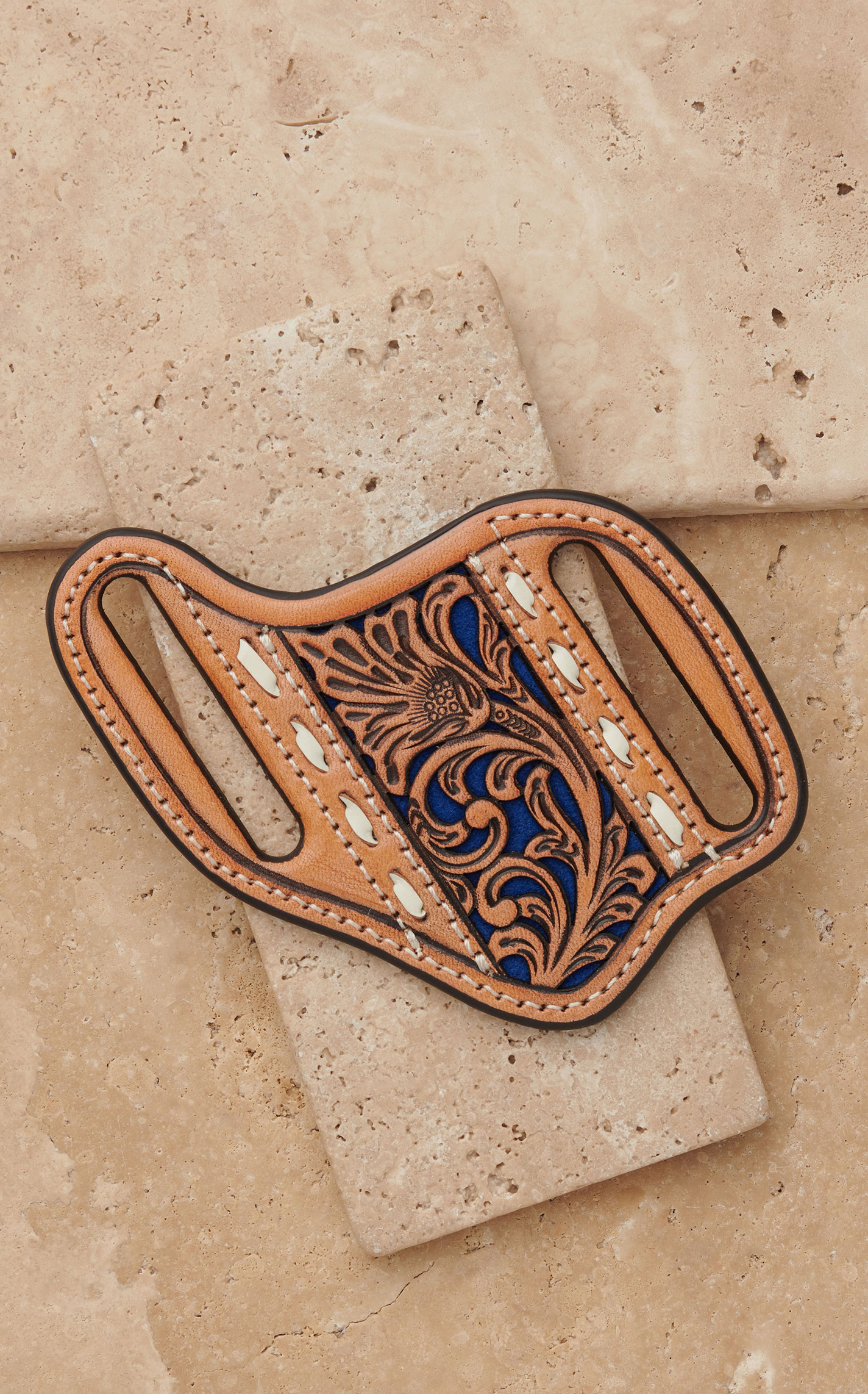 Nocona Tan Leather with Floral Tooling and Blue Inlay Knife Sheath