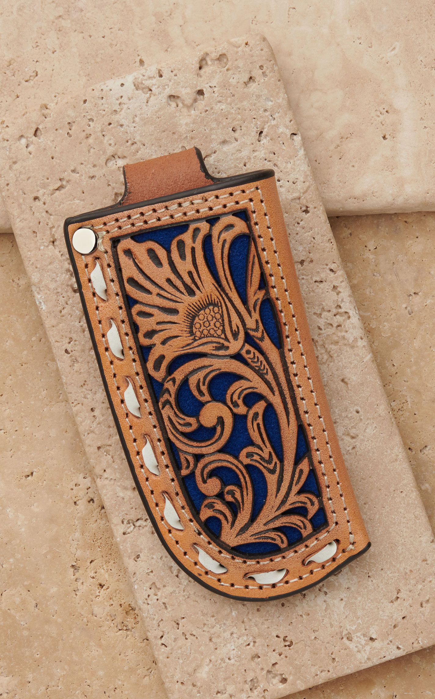Nocona Tan Floral Tooled Leather and Royal Blue Inlay Knife Sheath