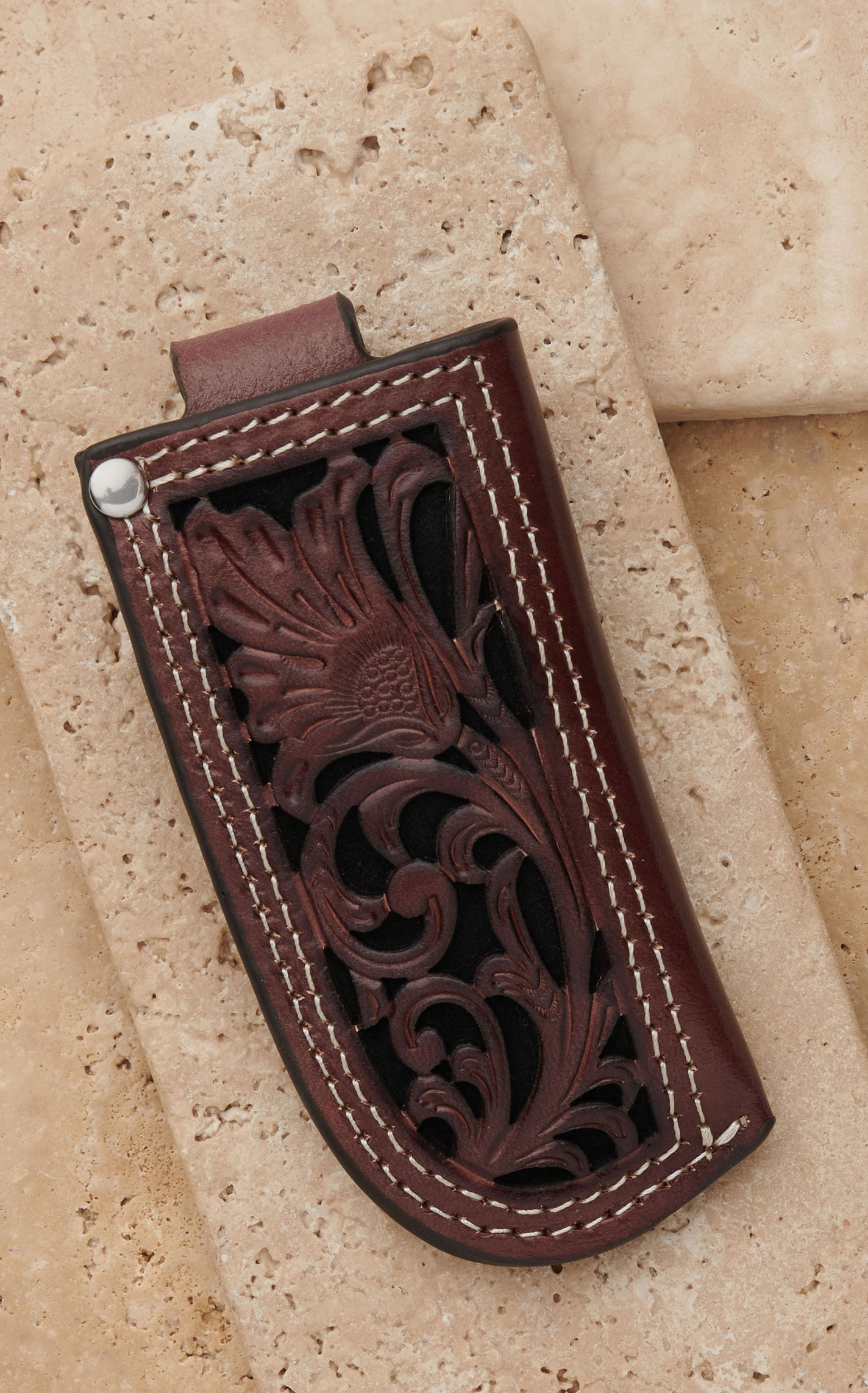 Nocona Brown Floral Tooled Leather and Black Inlay Knife Sheath
