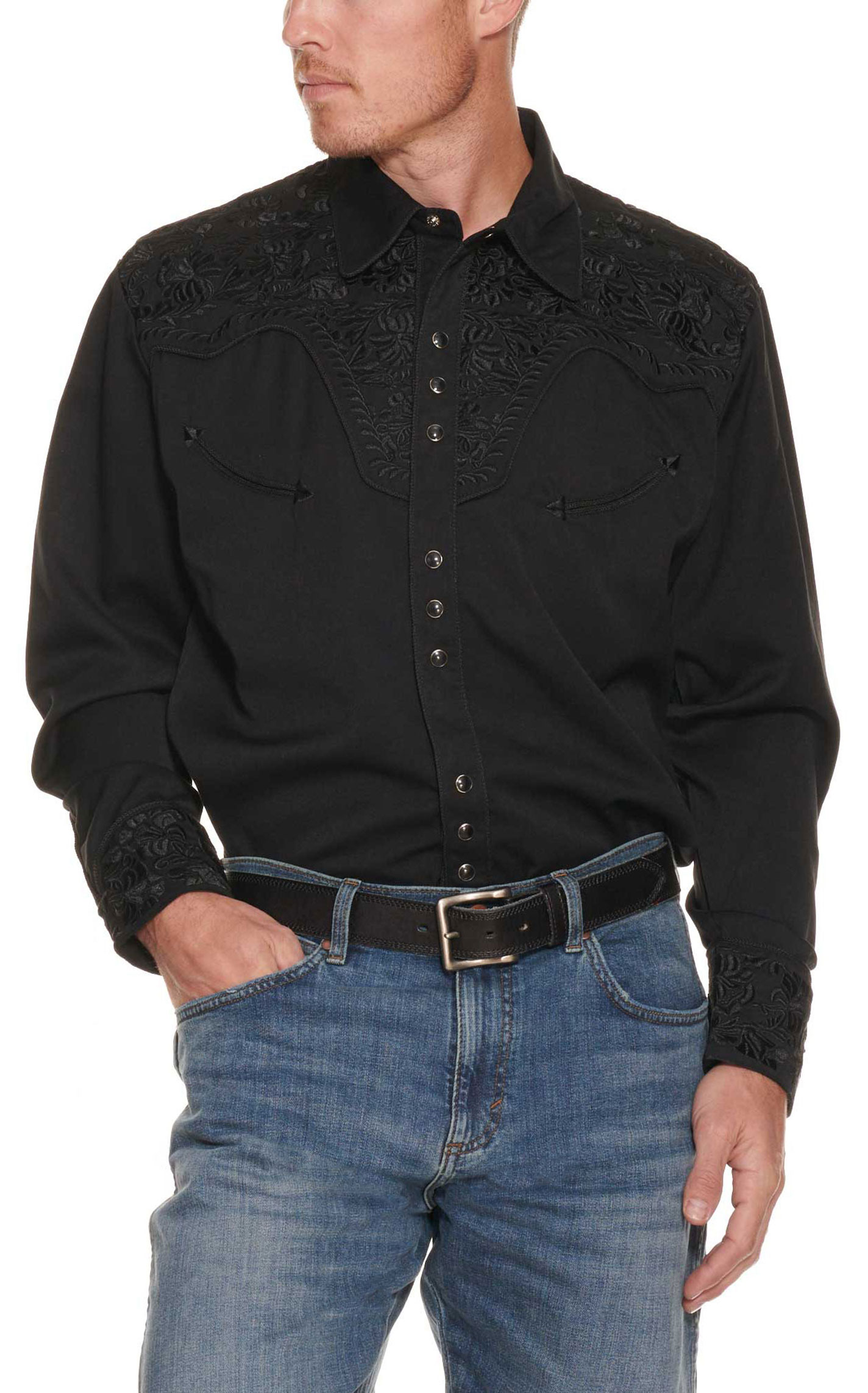 Scully Men's Legends Gunfighter Black On Black Long Sleeve Western ...