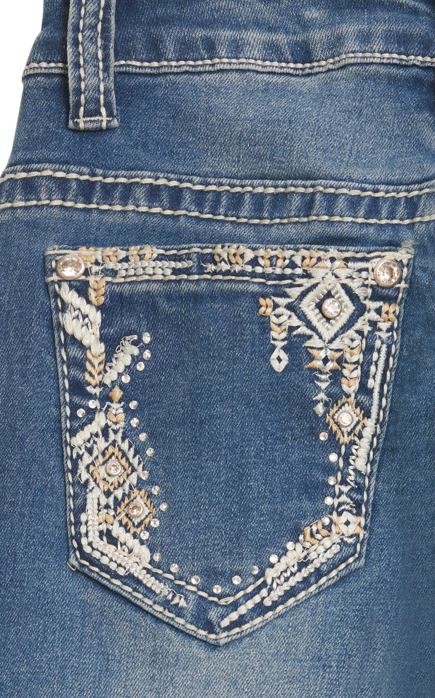 Wired Heart Girls Dark Wash Cream And Antique Gold Aztec Frame Embroidery Boot Cut Jeans