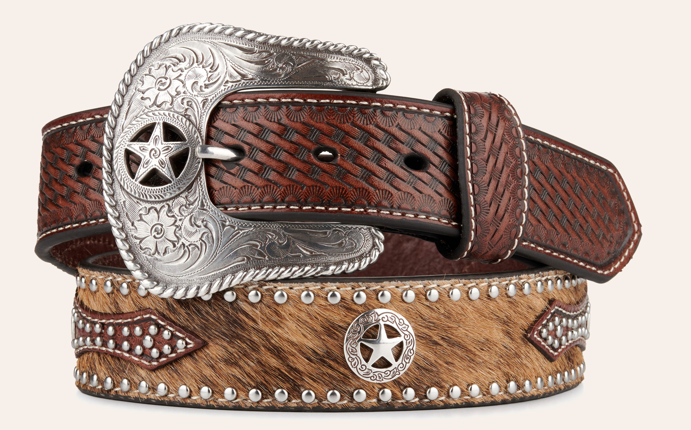 Nocona Men's Hair On Hide with Basketweave and Silver Star Conchos