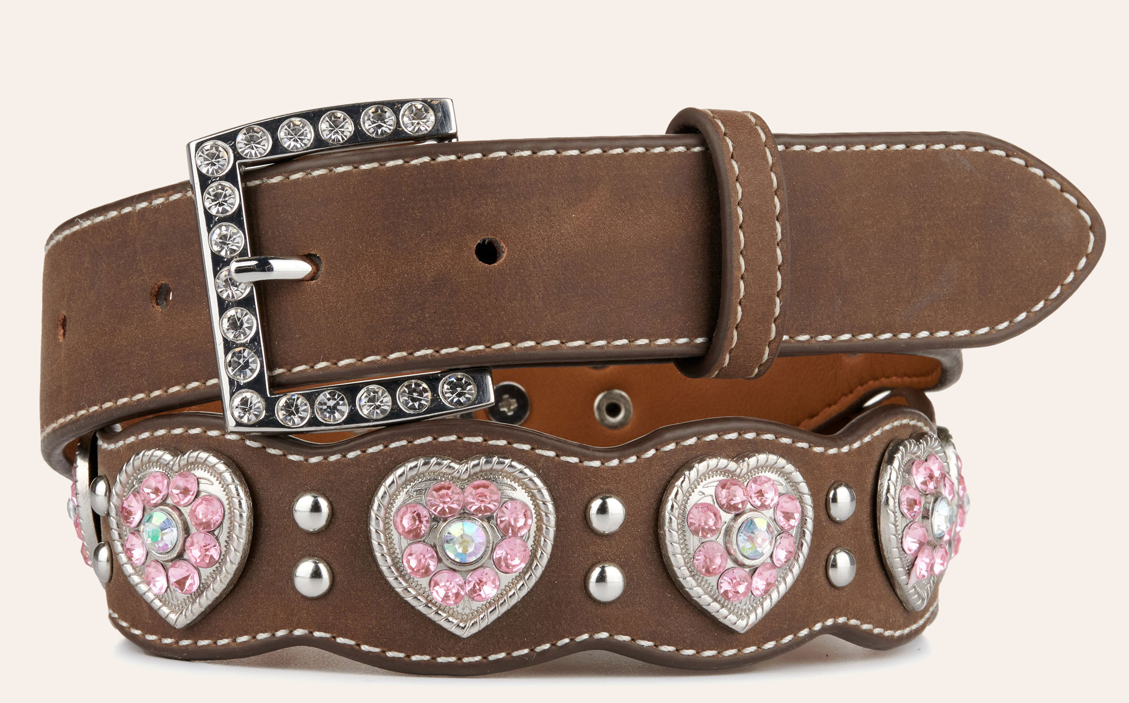 Nocona Girls' Brown with Pink Crystal Heart Conchos Scalloped Western