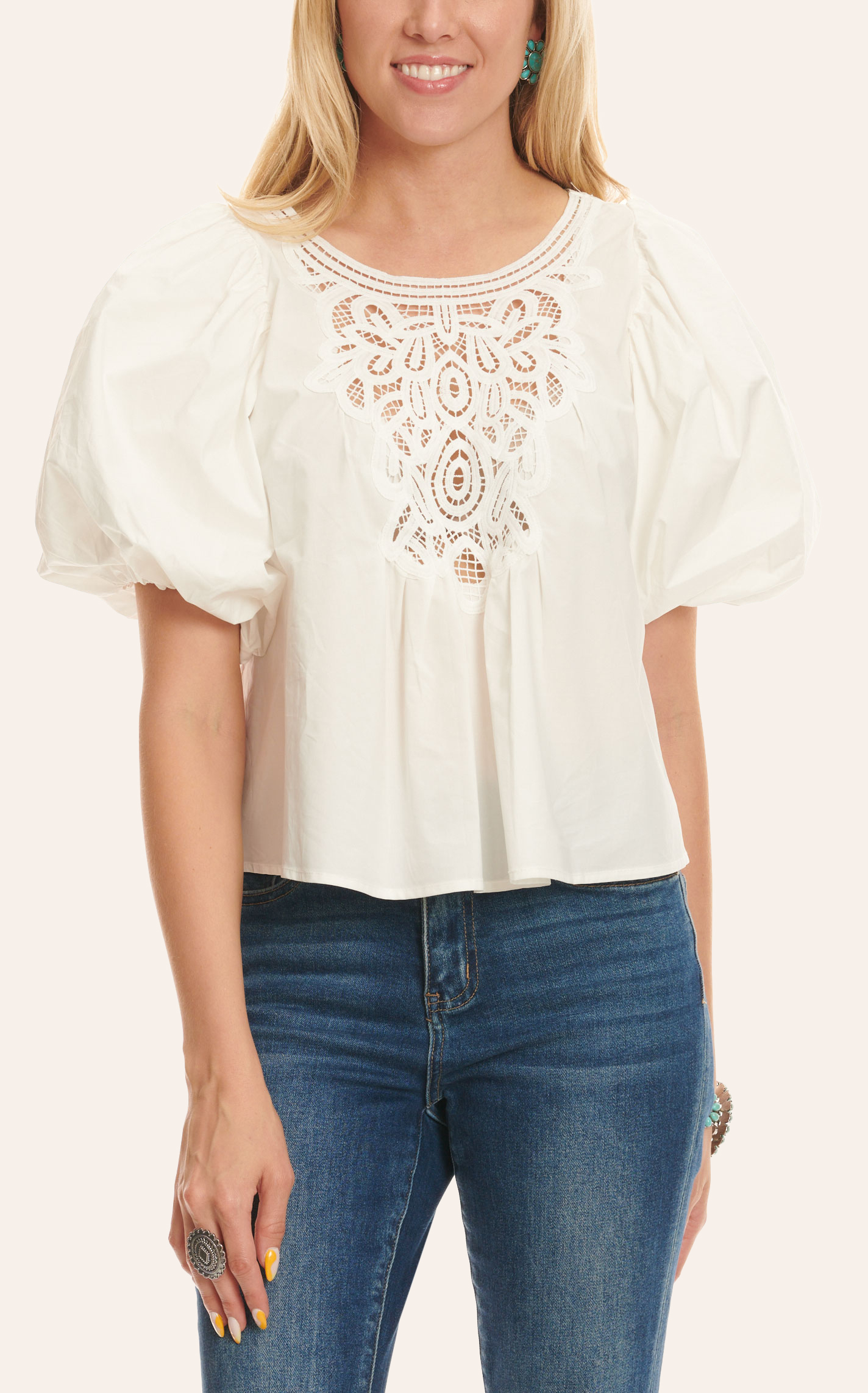 Nathalie Lace Puff Top White
