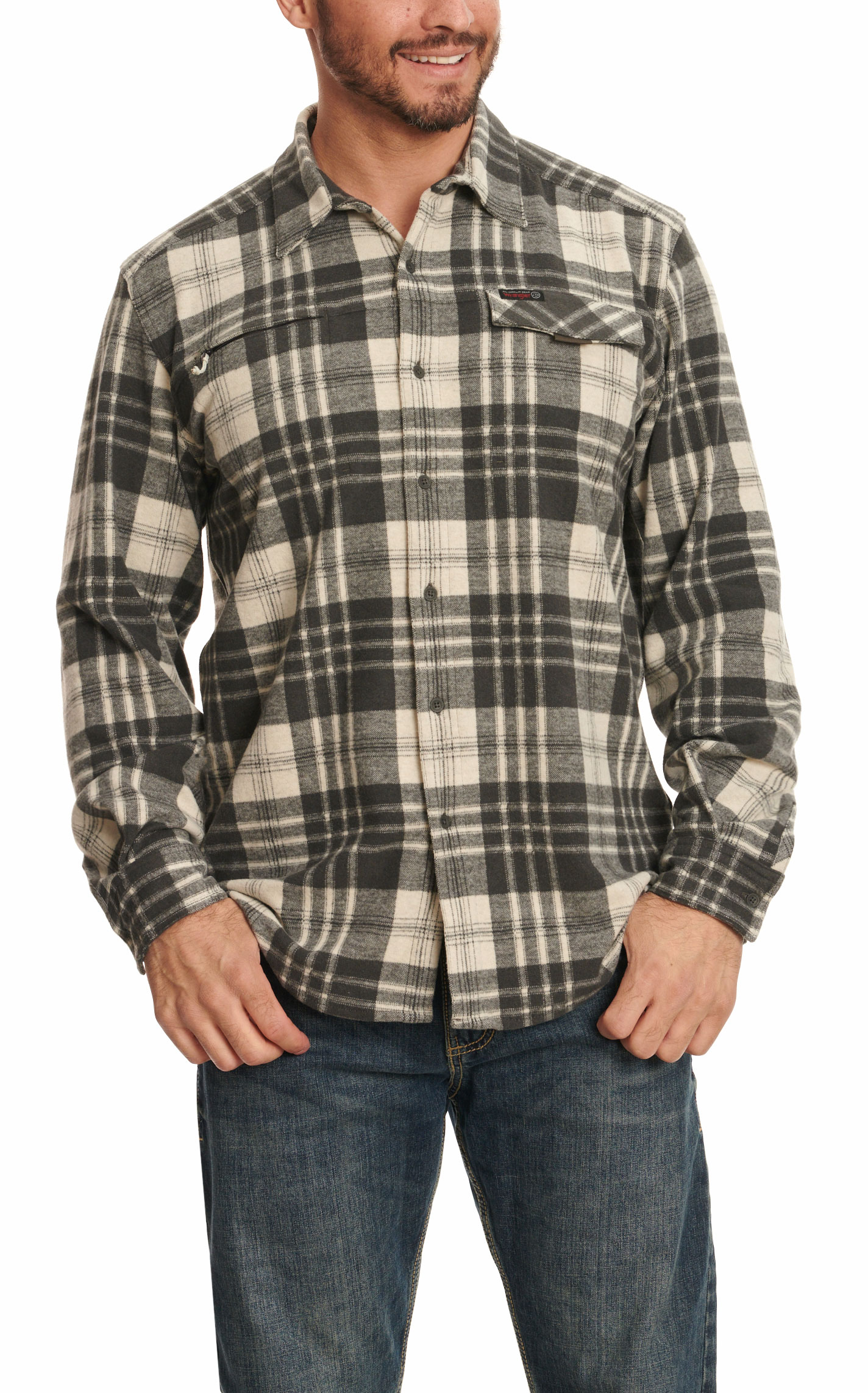 Wrangler ATG Men's Campsite Walnut Grey & Cream Plaid Soft Stretchy ...