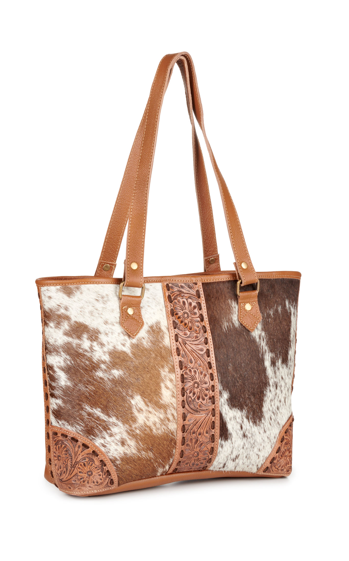 Myra Bag Del Rio Brown Sugar Tooled Hair on Hide Tote Bag
