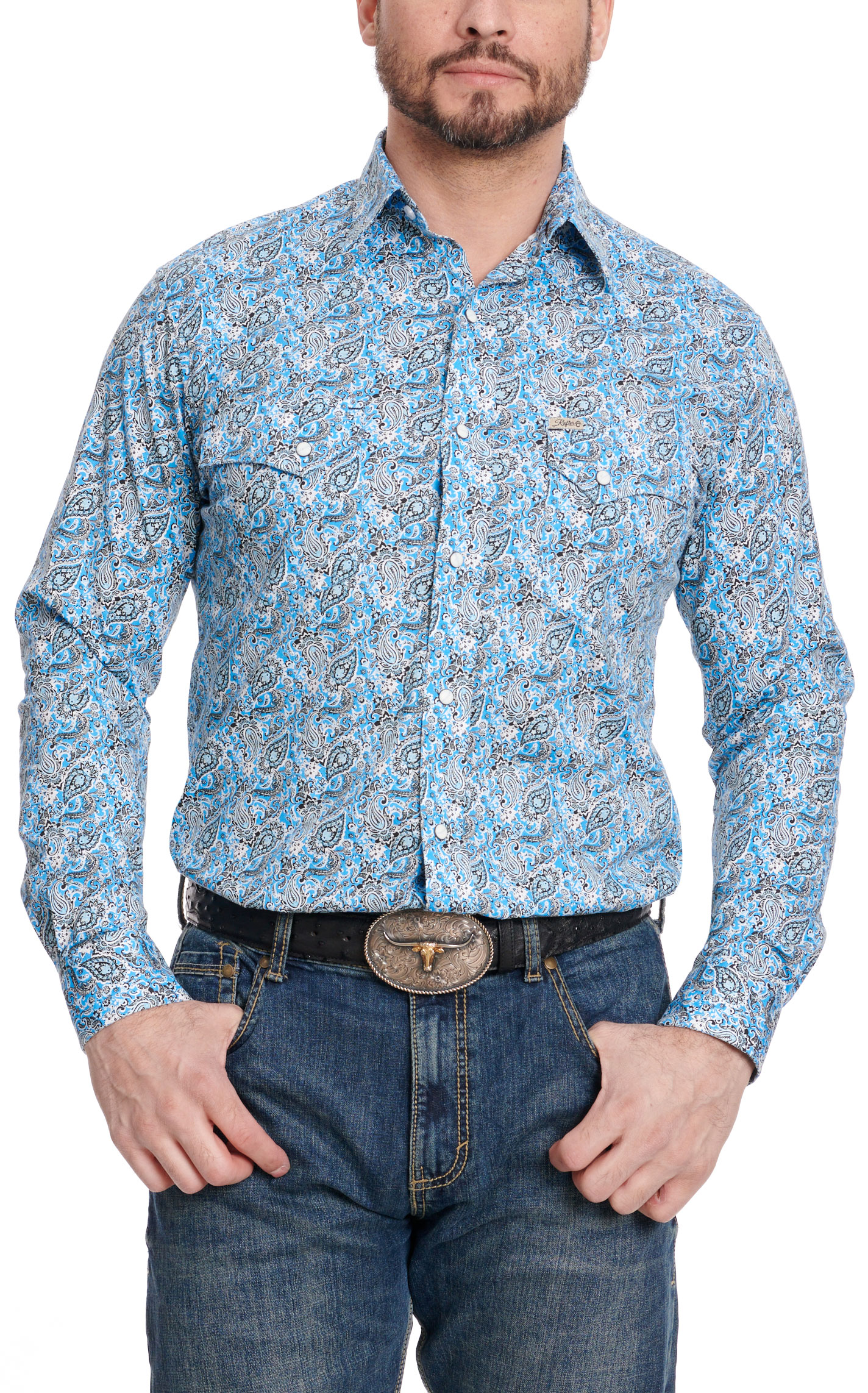 Rafter C Men's ProFlex45 Blue Black & Cream Paisley Print Stretch Long ...