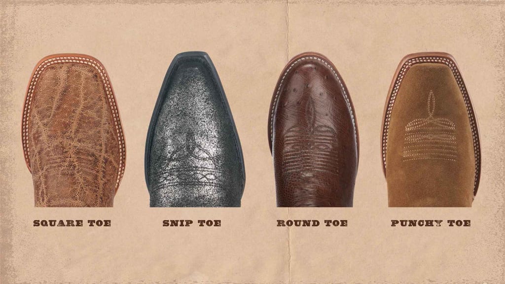 An image showcasing the top view of four different styles of cowboy boot toes against a parchment-like background. From left to right: a 'Square Toe' made of a light brown textured leather with detailed stitching around the edges, a 'Snip Toe' in a polished black leather, a 'Round Toe' in a dark brown patterned leather, and a 'Punchy Toe' in a matte suede-like material with decorative stitching on top. Each style is labeled below in a rustic typeface that complements the western theme of the image.