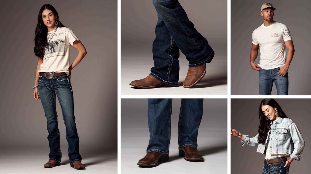 A collage featuring three images showcasing men's and women's western style. On the left, a woman stands confidently, wearing a cream-colored graphic t-shirt, dark blue jeans with white stitching, and brown cowboy boots, accented with a large belt buckle. The center image focuses on the lower half of a person wearing dark blue jeans and brown cowboy boots. On the right, a man is dressed casually in a beige t-shirt and lightly washed blue jeans, topped with a baseball cap, while the lower panel shows a woman smiling and looking down, wearing a light blue denim jacket, dark blue jeans, and cowboy boots, her hand resting on her hip.