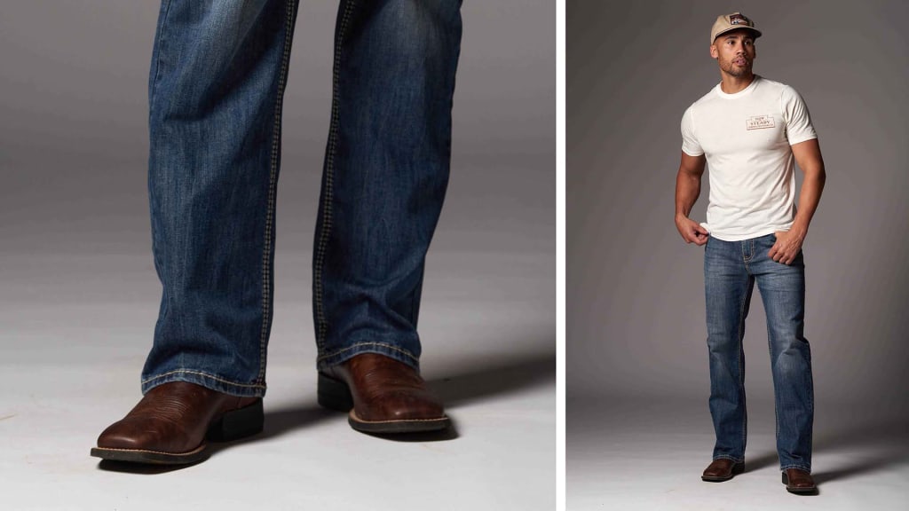 A composite image of a man dressed in casual western attire. On the left, a close-up of his lower body showcases dark blue jeans and leather square-toe western boots. The right side of the image presents the man in a full-body pose, wearing the same jeans and boots, paired with a simple white t-shirt with a logo on the chest and a trucker cap. He stands with hands tucked into his jean pockets, exuding a relaxed and confident demeanor.