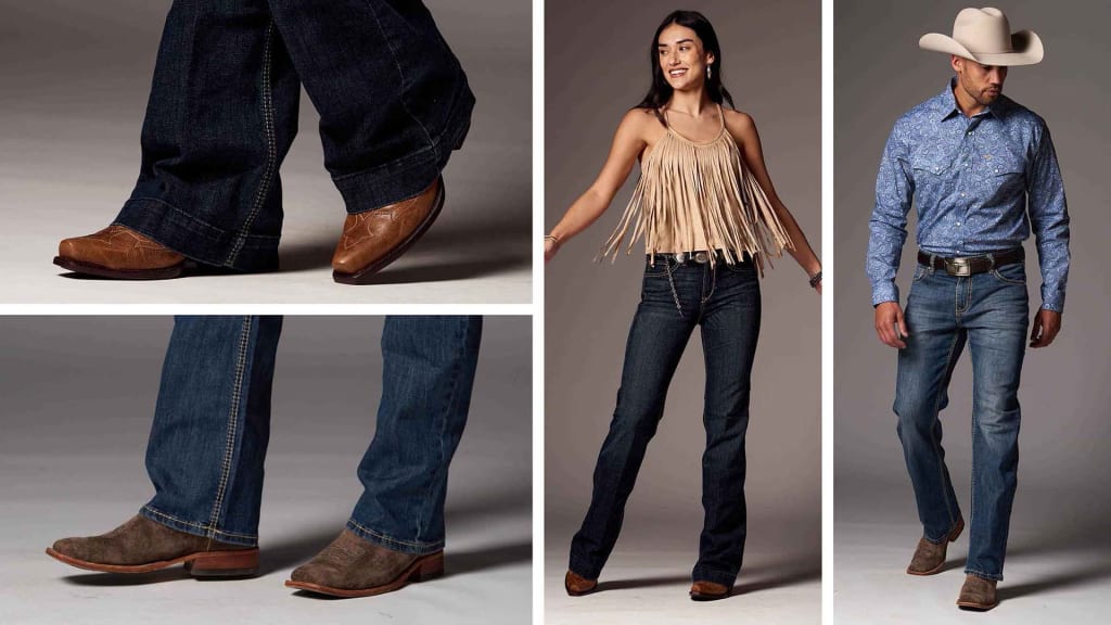 A three-panel collage showcasing western wear. On the left, a close-up of dark blue jeans tucked into brown cowboy boots. The middle panel features a woman in a playful beige fringed tank top and dark blue jeans, paired with cowboy boots, striking a dynamic pose. The right panel shows a man in a blue paisley patterned western shirt, blue jeans, and brown cowboy boots, standing confidently with his hands out by his side and wearing a white cowboy hat.