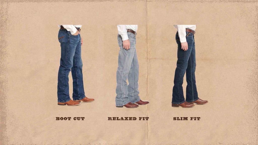 An image featuring three different styles of men's western jeans against a textured paper-like background. On the left, 'BOOT CUT' jeans slightly flare out over brown cowboy boots. The middle shows 'RELAXED FIT' jeans with a looser fit through the leg over distressed leather boots. On the right, 'SLIM FIT' jeans offer a tighter fit, tapering down to the ankle, paired with polished brown cowboy boots. Each jean style is labeled below in a western-style font, and all models are seen from the side, with the upper body cropped out, highlighting the jeans' fit.