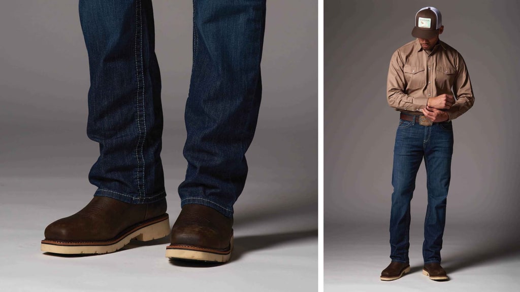 A side-by-side image showcasing men's western work attire. On the left, a close-up on the legs shows dark blue jeans over brown leather work boots with thick soles. The right side features a full-body shot of a man dressed in a khaki work shirt, blue jeans, and the same brown work boots. He is wearing a cap with a logo and is looking down while adjusting his belt, which has a large ornate buckle.