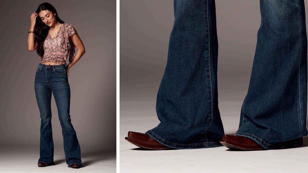 A side-by-side image with the left side featuring a woman in a cropped floral blouse and blue denim jeans standing with one hand in her hair, portraying a casual, yet thoughtful pose. On the right side, there's a close-up of her feet showing the bottom of the jeans and brown snip toe cowgirl boots. The images depict a relaxed, yet stylish western look.