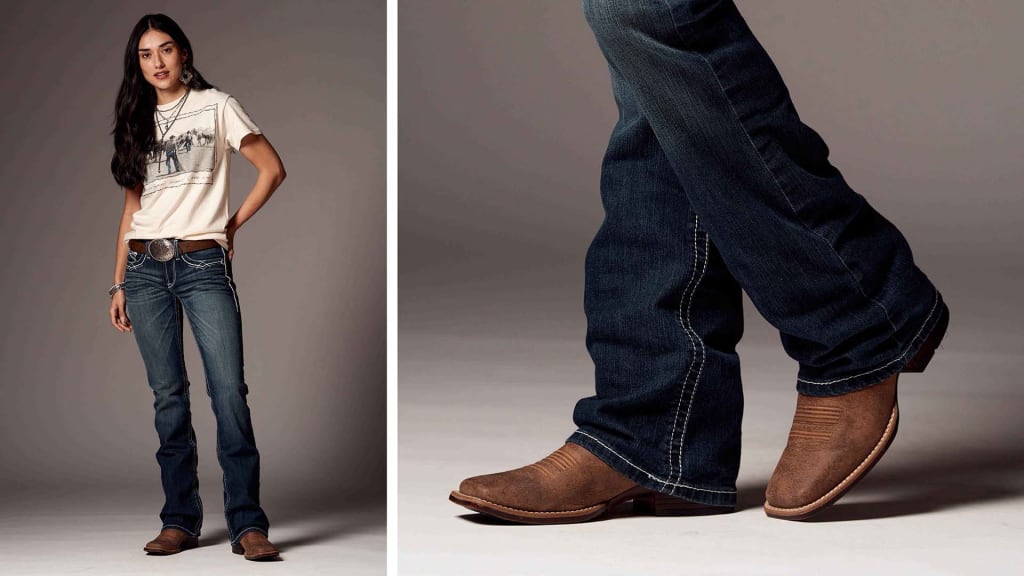 A side-by-side image of a woman in western attire. On the left, she stands confidently, hand on hip, wearing dark blue jeans and a white t-shirt with a graphic print, complete with a decorative belt and a square buckle. On the right, a close-up of her lower legs and feet shows the dark blue jeans resting atop square-toed cowboy boots in a weathered brown leather. The two images together depict a modern take on classic western style.