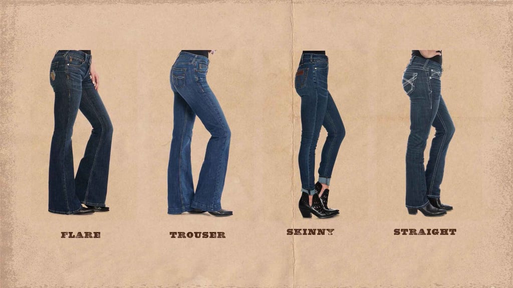 A composite image displaying four styles of women's western jeans against a textured, neutral background. From left to right: 'FLARE' jeans featuring a wide bell-bottom leg over black shoes; 'TROUSER' jeans with a wide leg and a relaxed fit over patterned shoes; 'SKINNY' jeans with a tight fit throughout, paired with embellished ankle boots; and 'STRAIGHT' jeans with a uniform leg width over classic black cowboy boots. Each style is labeled at the bottom in a rustic font, and all jeans are shown from a side view, focusing on the fit and silhouette of the denim.