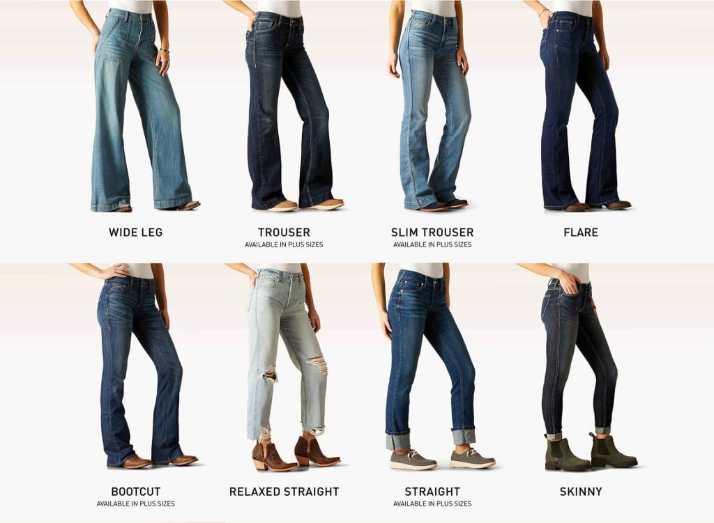 Women's Ariat Jeans Leg Style Diagram: showing wide leg, trouser, slim trouser, flare, bootcut, relaxed straight, straight, and skinny type denim styles.