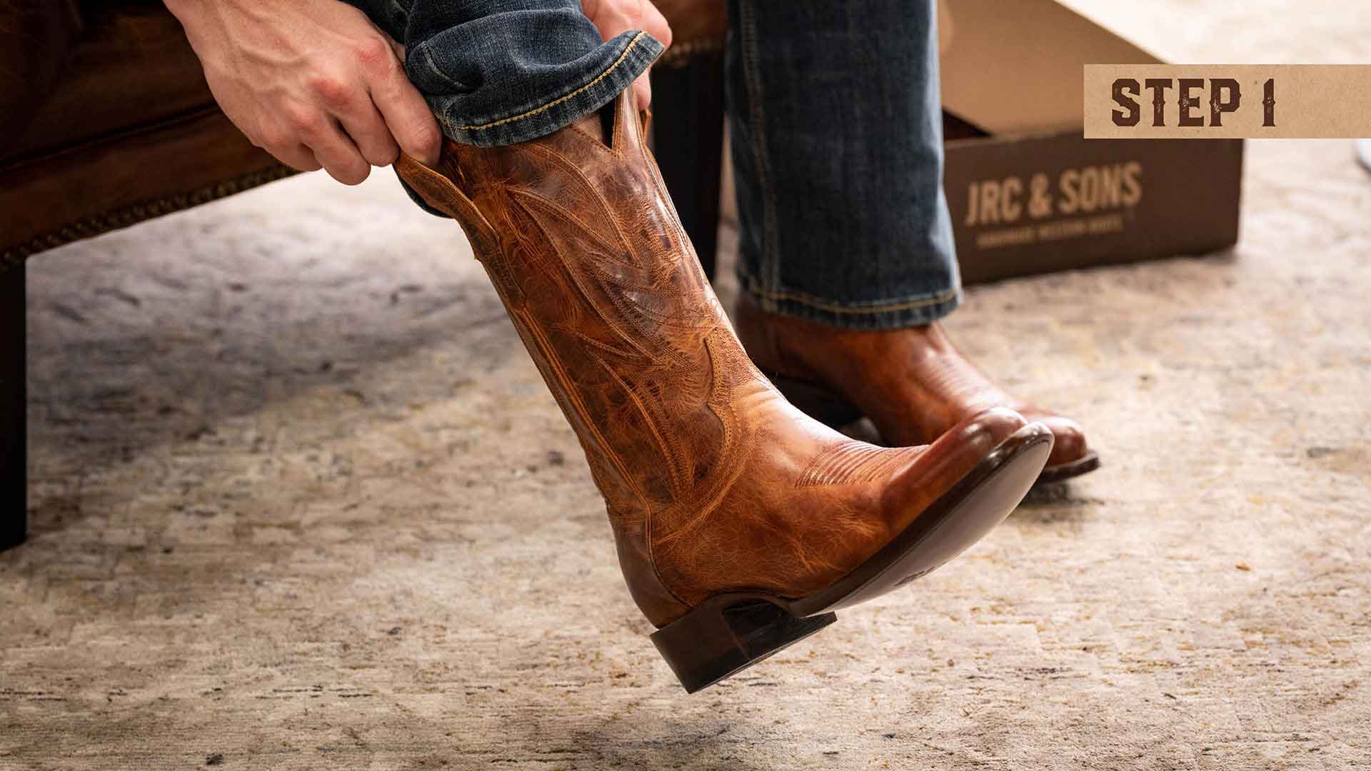 Step 1: Pulling on a JRC & Sons cowboy boot, demonstrating the initial process of fitting the boot snugly onto the foot.