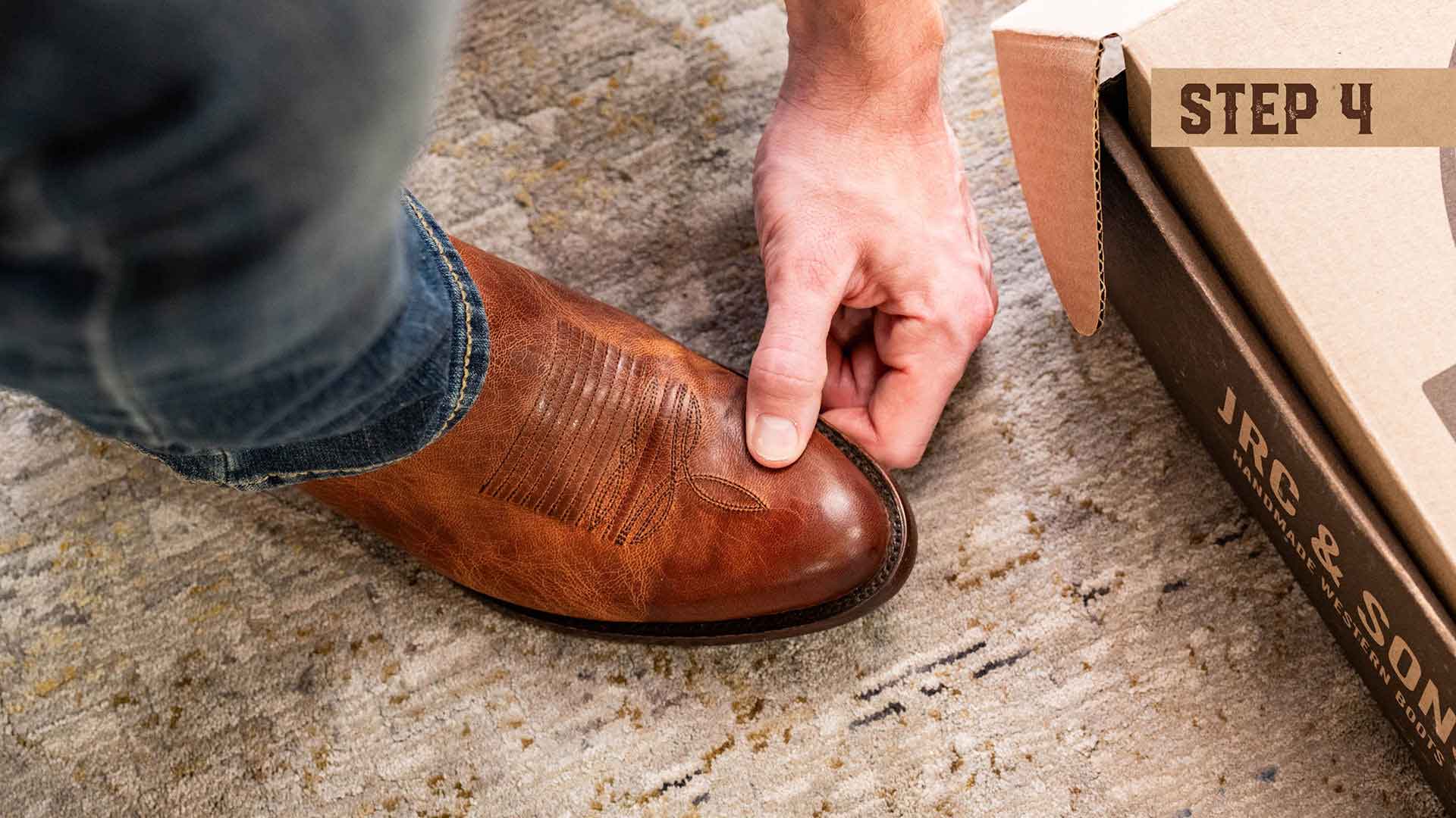 Step four, shows a person checking the position toes that should be about one thumb width from the end of the toe box.