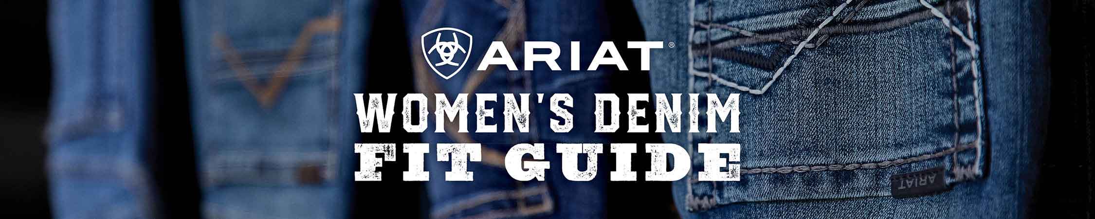 Ariat Women's Denim Fit Guide Banner Showing Several Women's Ariat Jeans Folded Over.