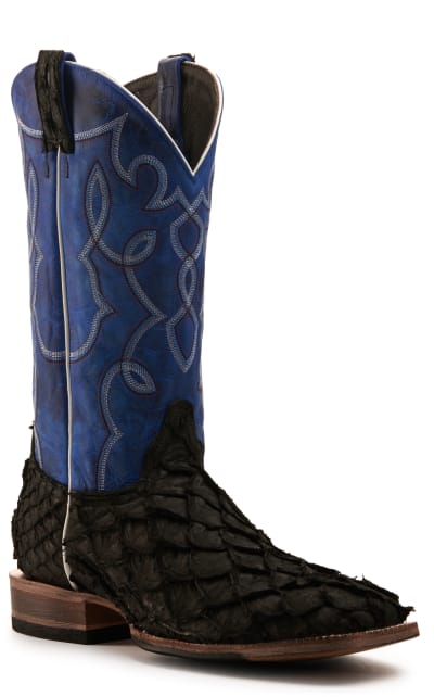 Cavender's Men's Black Nubuck Pirarucu with Blue Cowhide Wide Square Toe Exotic Cowboy Boot