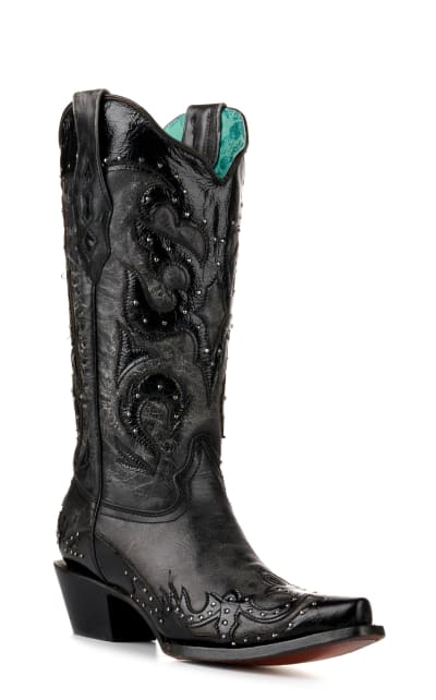 Women's Corral Distressed Black with Black Wingtip and Studs Snip Toe Cowboy Boots