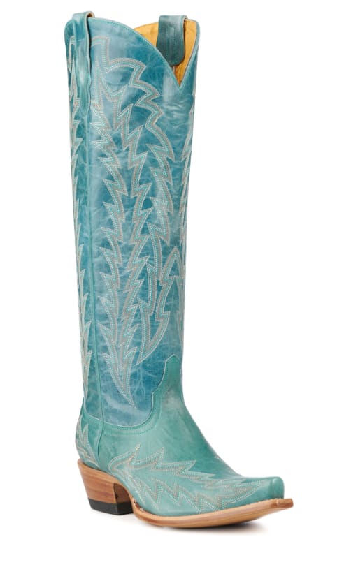 JRC & Sons Women's Nancy Goat Leather Snip Toe Tall Cowboy Boot in Turquoise