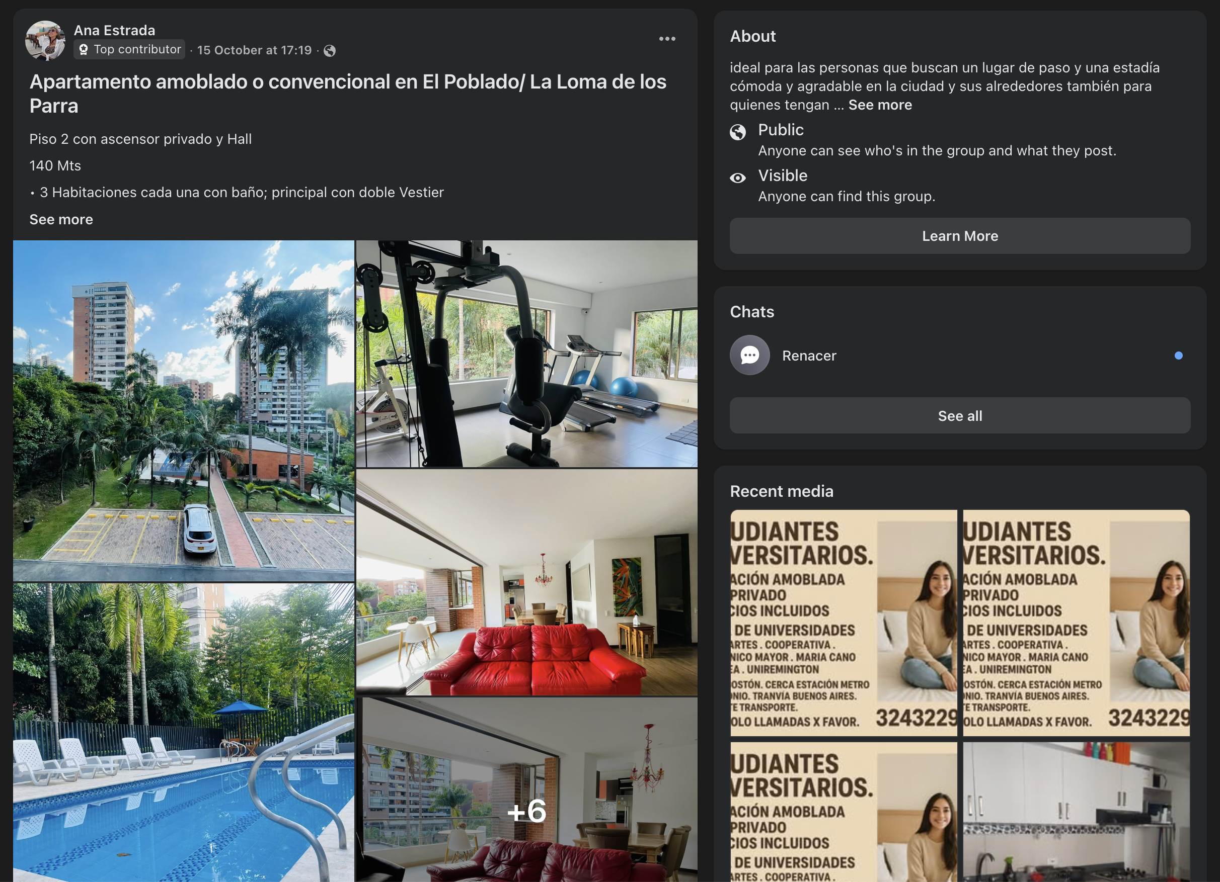 Facebook group post advertising furnished apartment for rent in Medellín