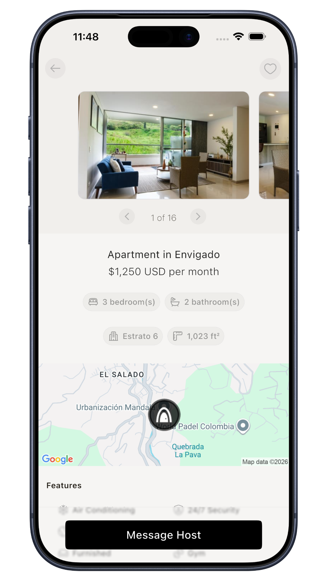 Example of furnished apartment listing in Envigado close to El Poblado Medellín with monthly price