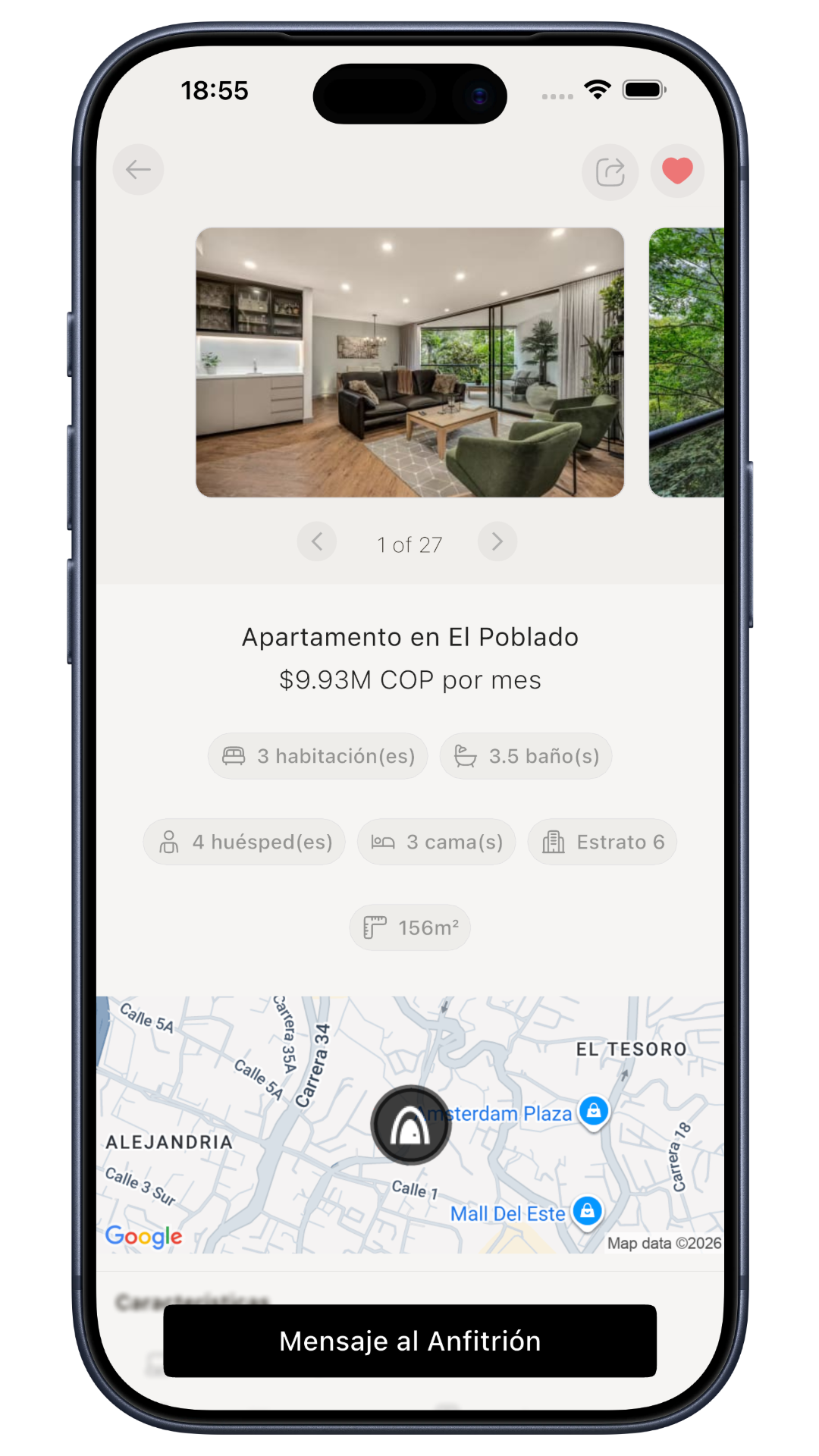 Furnished apartment listing in Medellín showing monthly rental price on Caza de Casa