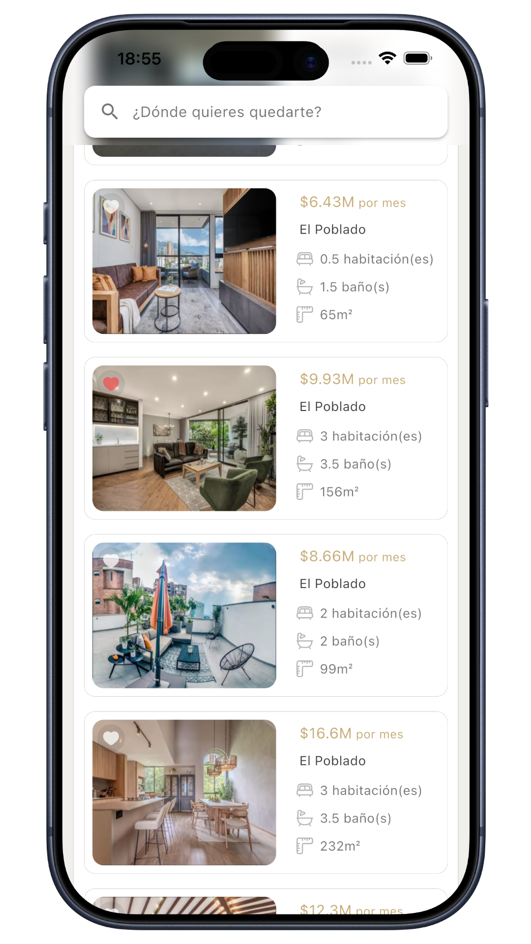 Caza de Casa app home screen showing furnished apartment listings in Medellín