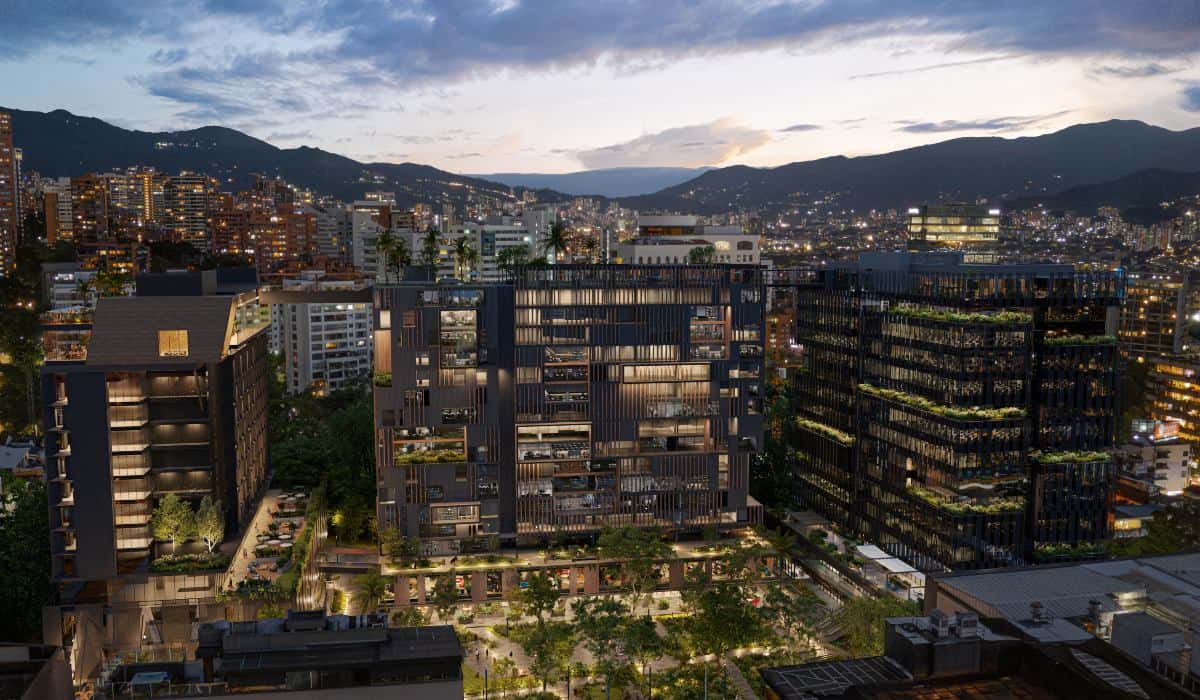 Rendering of the civic plaza and public space at Distrito Palermo, Medellín