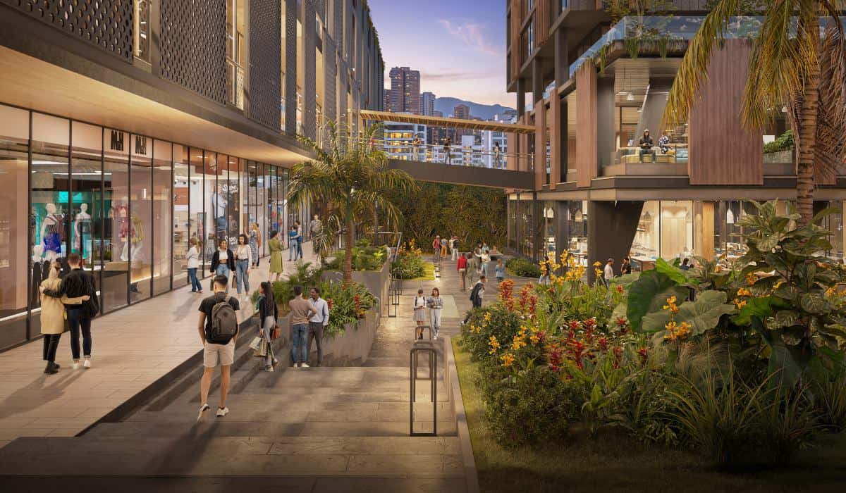Rendering of the green space and landscaping at Distrito Palermo, Medellín