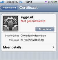 De beveiliging van de Ziggo WifiSpot is niet met een geldig beveiligingscertificaat beveiligd, zegt de test-iPhone.