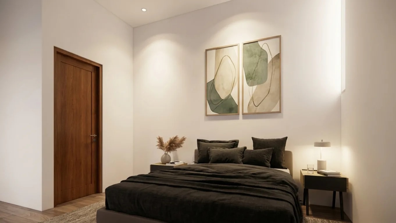 Penerapan elemen fungsional minimalis pada area kamar tidur.