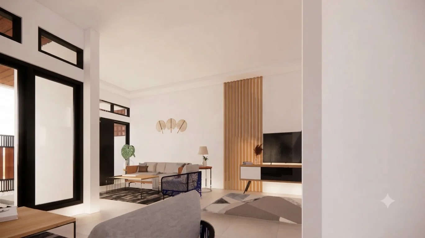 Desain tangga gantung minimalis dengan railing baja hitam yang rapi.