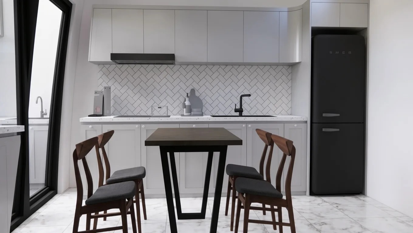 Desain kamar mandi minimalis bernuansa bersih dengan keramik subway tile putih.