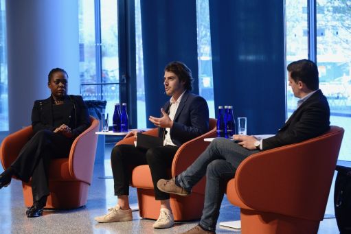 From left to right, Nili Gilbert ’03 of Carbon Direct, Ryan Orbuch of Lowercarbon Capital, and Professor Gernot Wagner of Columbia Business School discuss climate solutions during a panel at the 2022 Climate Business & Investment Conference.