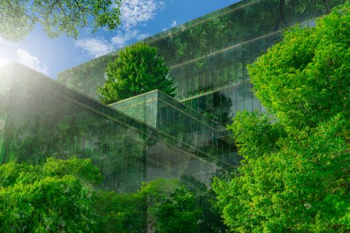 Glass office buildings surrounded closely by bright green leaves