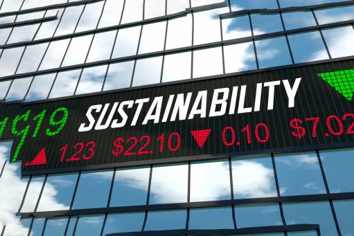 A stock exchange sign reads "SUSTAINABILITY"