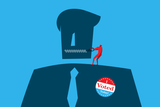 Person with a zipper mouth and I voted sticker