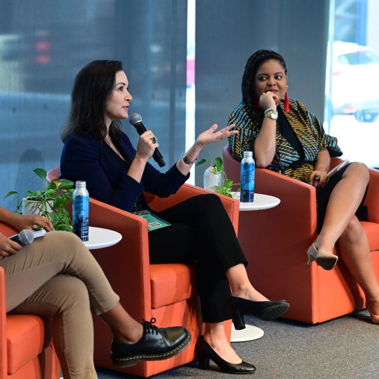 Ilona Szabó de Carvalho, president and co-founder of Igarapé, speaks at a panel on climate justice at the 2022 Brazil Climate Summit held at Columbia Business School.