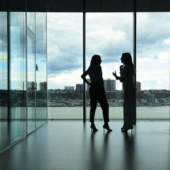 Catie Auran ’22 and Rachel Lieberberg ’22, graduating co-presidents of Columbia Women in Business, in the Board Room in David Geffen Hall. 